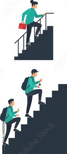 Woman carrying briefcase climbs dark staircase toward higher level.