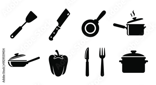 A collection of black kitchen tools and ingredients presented as stark silhouettes against a white background silhouette high quality