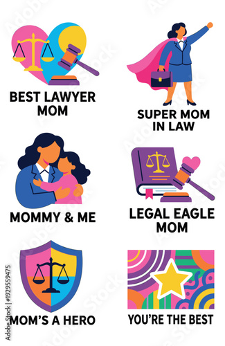 Lawyer Mom Superwoman Sticker Set Vector Illustration