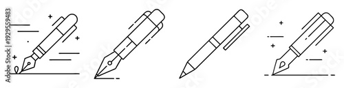 Collection of different types of stylized fountain pens and ballpoint pens