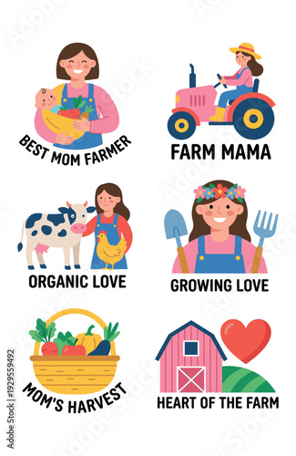 Farmer Mom Agriculture Sticker Set Vector Illustration