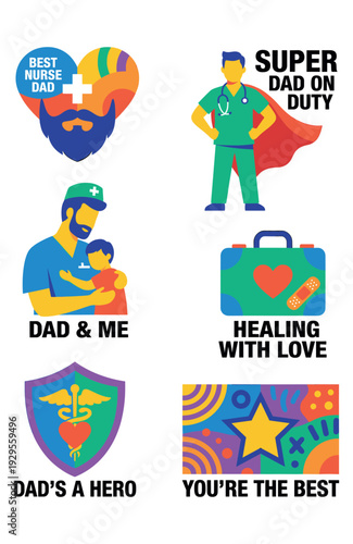 Nurse Dad Healthcare Hero Sticker Set Vector