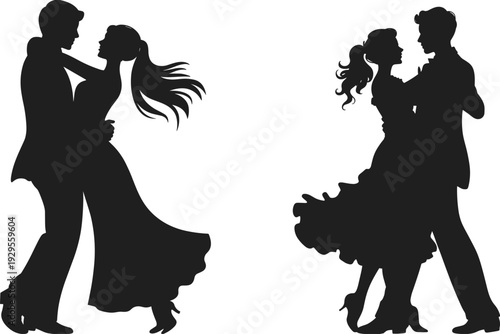 Silhouette couples ballroom dancing elegant poses, graceful dancers in flowing dresses and suits, artistic vector illustration of dance movement, isolated black design figure