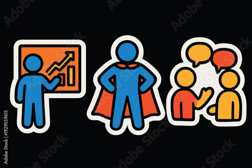 set of business and teamwork icons with hand drawn style including presentation superhero and discussion symbols