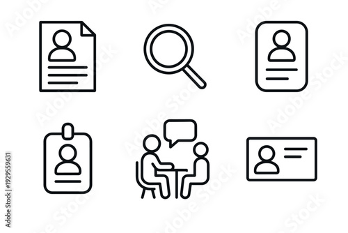 set of simple hand drawn human resources and interview line art icons with resume badge and magnifying glass