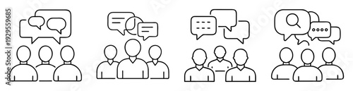 Teamwork communication and discussion group icons show brainstorming and talking individuals