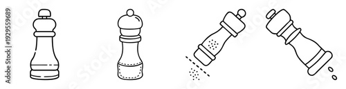 Four stylized black and white illustrations of pepper grinders and seasonings