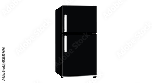 A stark black silhouette of a modern refrigerator stands prominently against a clean white background silhouette high quality professional