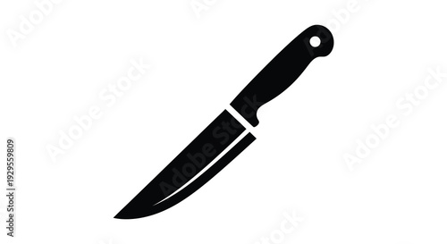 A stark black silhouette of a kitchen knife angled diagonally against a plain white background creating a bold image silhouette