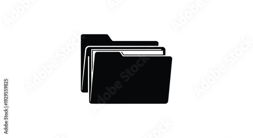 A stark black silhouette depicts a stack of three open file folders against a plain white background silhouette