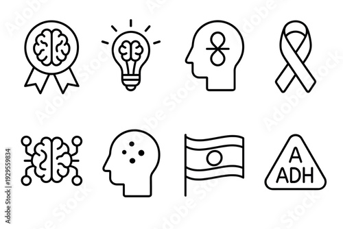 set of mental health and brain related hand drawn line art icons with awareness ribbon and adhd symbol