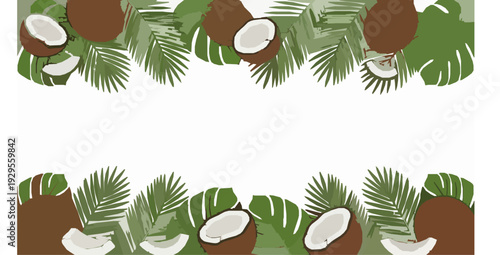 Hand drawn coconut banner frame with tropical leaves vector