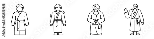 Four line art drawings of people wearing robes with different poses