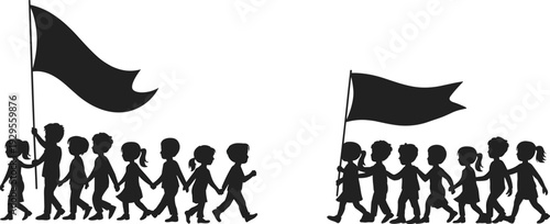 Black silhouette illustration of children marching in groups holding large flags, unity and teamwork concept with coordinated walking parade scene and festive celebration design