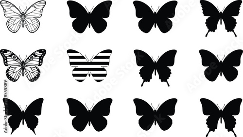 Set of butterfly silhouettes and line art icons including monarch patterns and swallowtail shapes for nature design projects and logo branding.