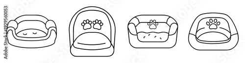 Outlined illustration featuring four different cartoon dog or cat beds