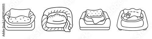 Four stylized pet beds with unique designs and comfortable features on white