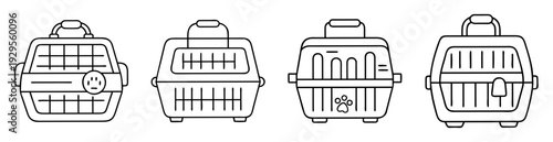 Outline illustration of four pet carrier designs in simple black and white