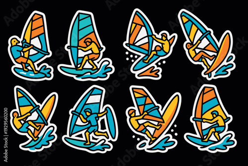 set of hand drawn colorful windsurfing stickers in dynamic action poses on black background