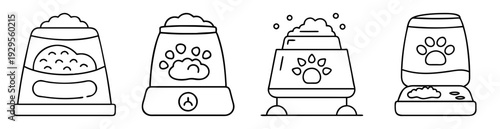 Variety of black and white pet food bag and feeders line art