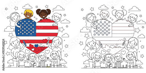 Diverse Kids and Teachers Coloring Patriotic USA Heart and Flag - Creativity & Unity
