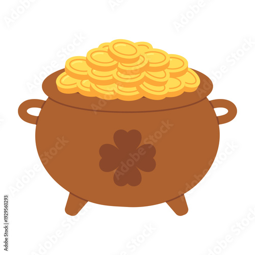 Pot of gold illustration with brown cauldron and coins. Lucky Irish symbol for St. Patrick celebration, holiday greeting, party print and festive decoration. Flat vector. Hand drawn. Isolated.