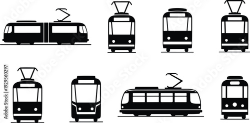 Black and White Tram Vector Icon Set Featuring Articulated Streetcars Public Transport Silhouettes Urban Railway Symbols Electric Light Rail Front and Side View Graphics