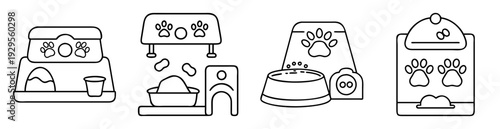 Collection of black and white pet accessory icons including a gravity feeder