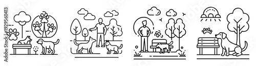 Various line art depictions of dogs in outdoor park settings
