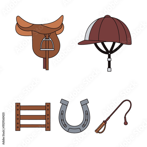 Equestrian Equipment Saddle Helmet Horseshoe Riding Crop.