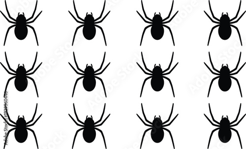 Silhouetted black spiders set in a seamless grid pattern isolated on white background for spooky Halloween graphic design and icons