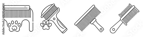 Collection of outline vector illustrations showing different pet grooming combs and brushes