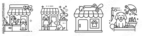 Collection of cartoon line art illustrations showcasing dog grooming service shops