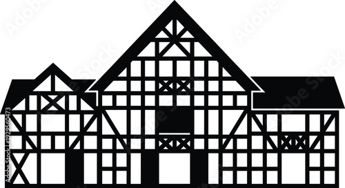 Black and white vector illustration of a traditional European half timbered house silhouette with intricate timber framing isolated on a clean white background