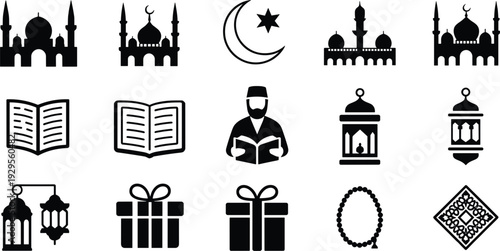 Islamic Icons Including Mosques Moon Star Lanterns and Gifts on White Background muslim minaret