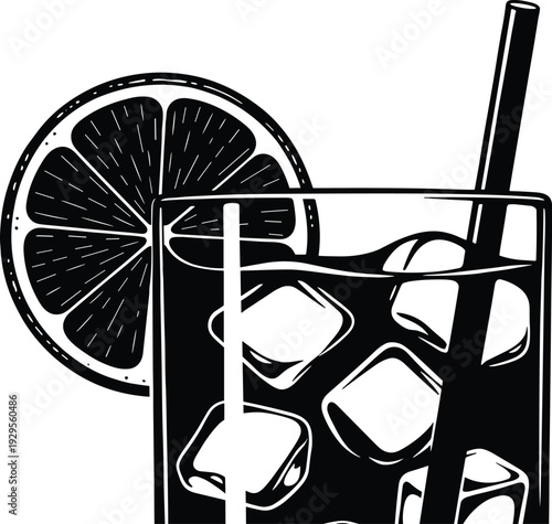 Black and white vector illustration of a refreshing iced cocktail with a citrus orange slice garnish and a straw in a glass