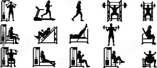 Gym equipment workout silhouette set, men and women training on machines treadmill and weights isolated, fitness collection, flat vector illustration
