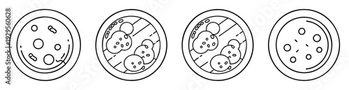 Four simple hand drawn pizzas each featuring different toppings and arrangements