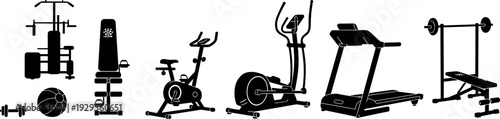 Gym equipment silhouette set with treadmill, exercise bike, elliptical trainer and weight bench isolated on white background