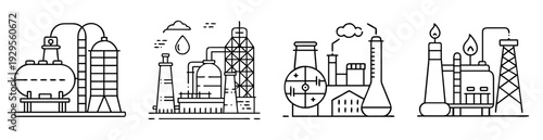 Vector outline drawing of industrial infrastructure with oil and gas processing facilities
