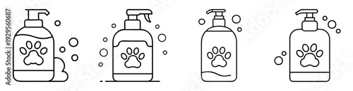 Vector illustration of pet shampoo bottles with paw print and bubbles