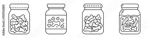 Four line art illustrations of jars filled with dog bones or treats