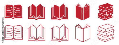 Minimalist line art book icon set featuring open textbooks and notebooks. Editable stroke