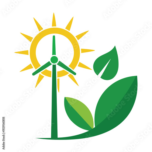 Green Energy Symbol Featuring a Windmill and Sun with Natural Growing Leaves