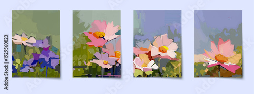 Vector collection. Abstract art, colorful oil painting flower and leaf, nature background. Illustration set of floral pattern design for poster, wallpaper, banner, cover, card, template