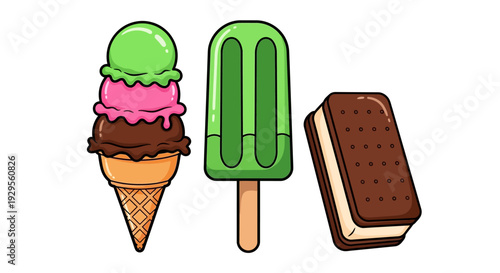 Delicious frozen treats a stacked ice cream cone a popsicle and a sandwich cookie