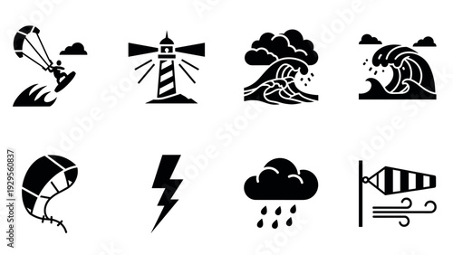 set of hand drawn black silhouette wind and wave nautical icons including kite surfing lightning rain and lighthouse