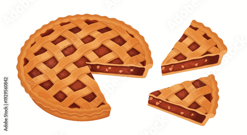 Golden brown lattice pie with slices cut out showing rich fruit filling dessert food