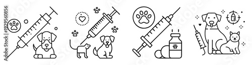 Pet vaccination and veterinary healthcare icons set featuring syringe, dog and cat