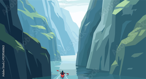 Illustration of a solo kayaker paddling through a narrow gorge with steep rocky cliffs, rendered in a flat, stylized vector art style, creating a sense of adventure and scenic beauty.